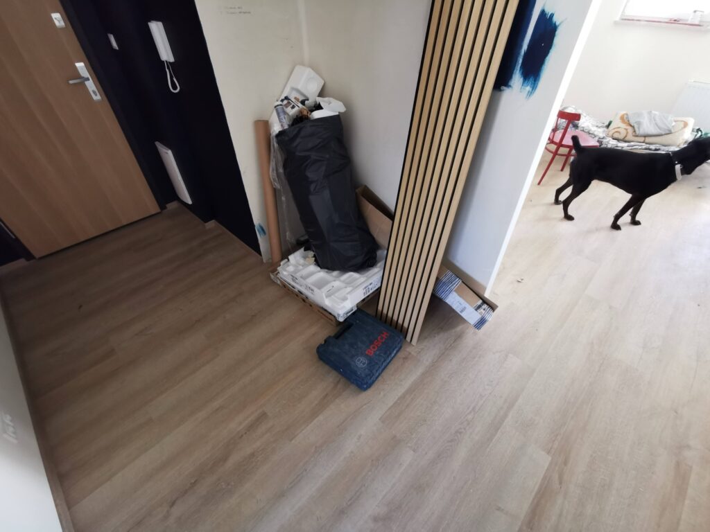Przedpokój z drewnianym panelem lamelowym i psem w sąsiednim pokoju