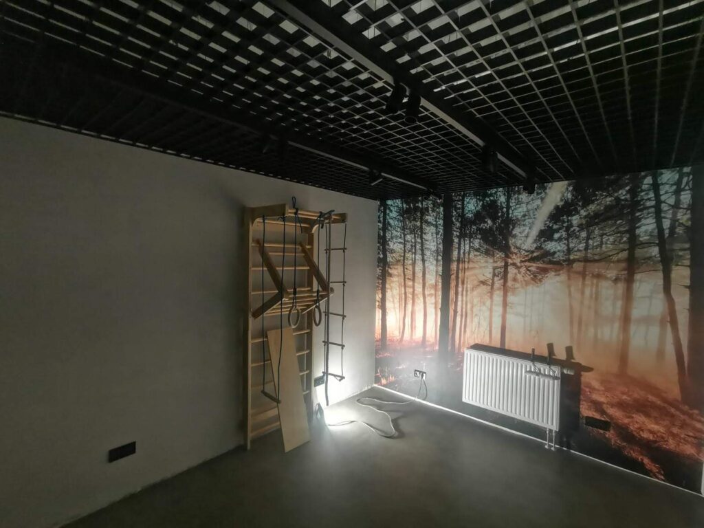 Pomieszczenie z czarnym ażurowym sufitem, rusztowaniem i fototapetą lasu.