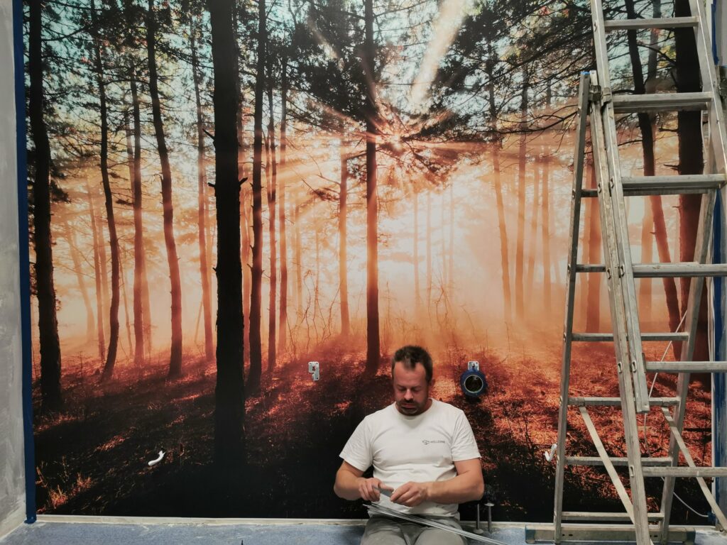 Mężczyzna siedzący przed ścianą z leśną fototapetą, obok stoi drabina.
