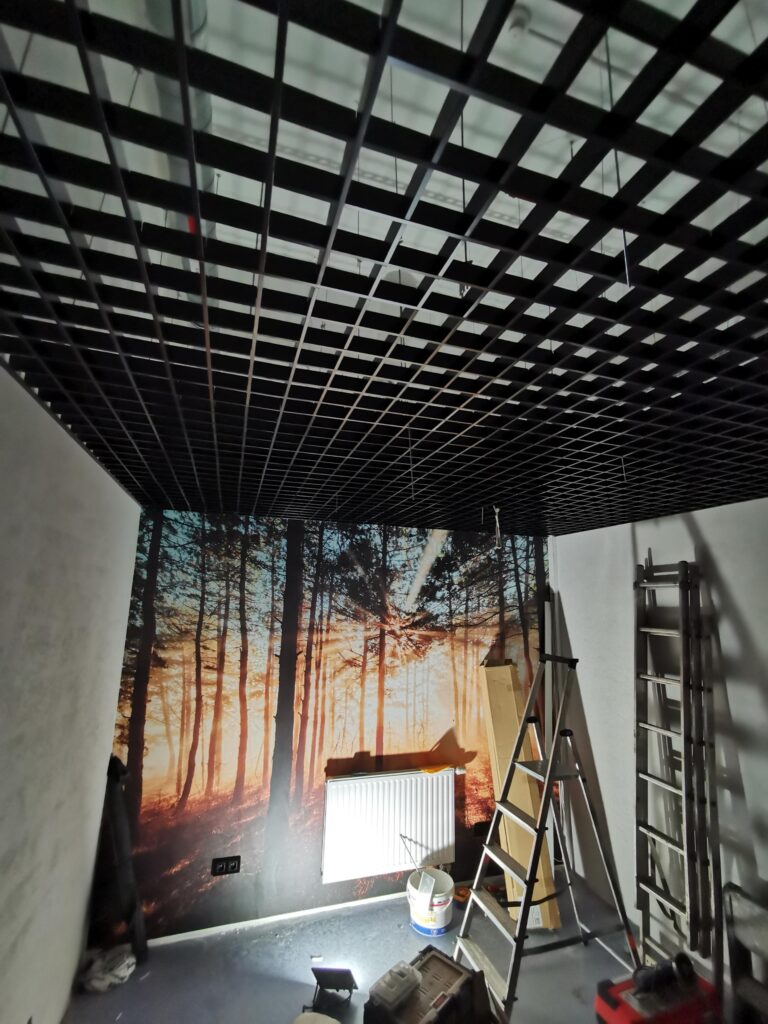 Czarny sufit kratowy montowany przy ścianie z leśną grafiką.