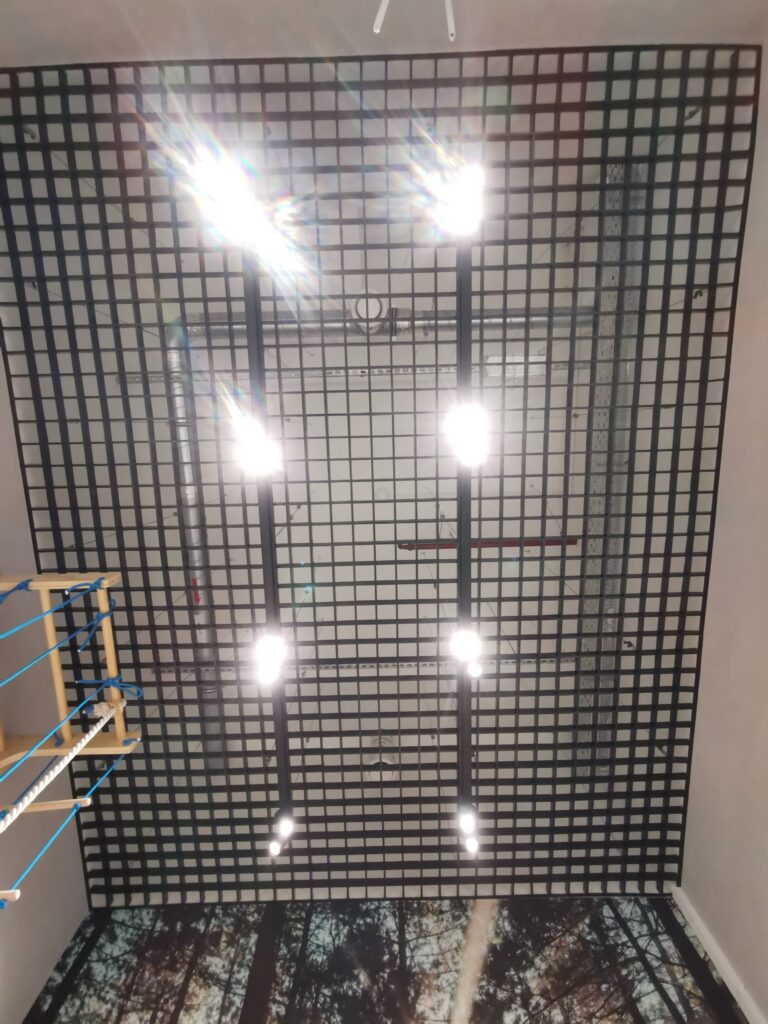 Czarny sufit kratownicowy z rzędami lamp.